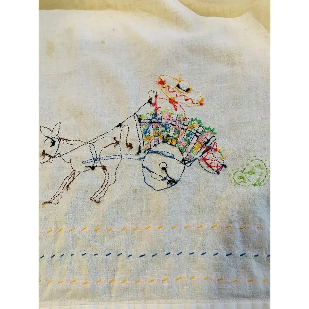 Vintage Apron Women White Yellow Waist Hand Embroidery Handmade Cotton Donkey